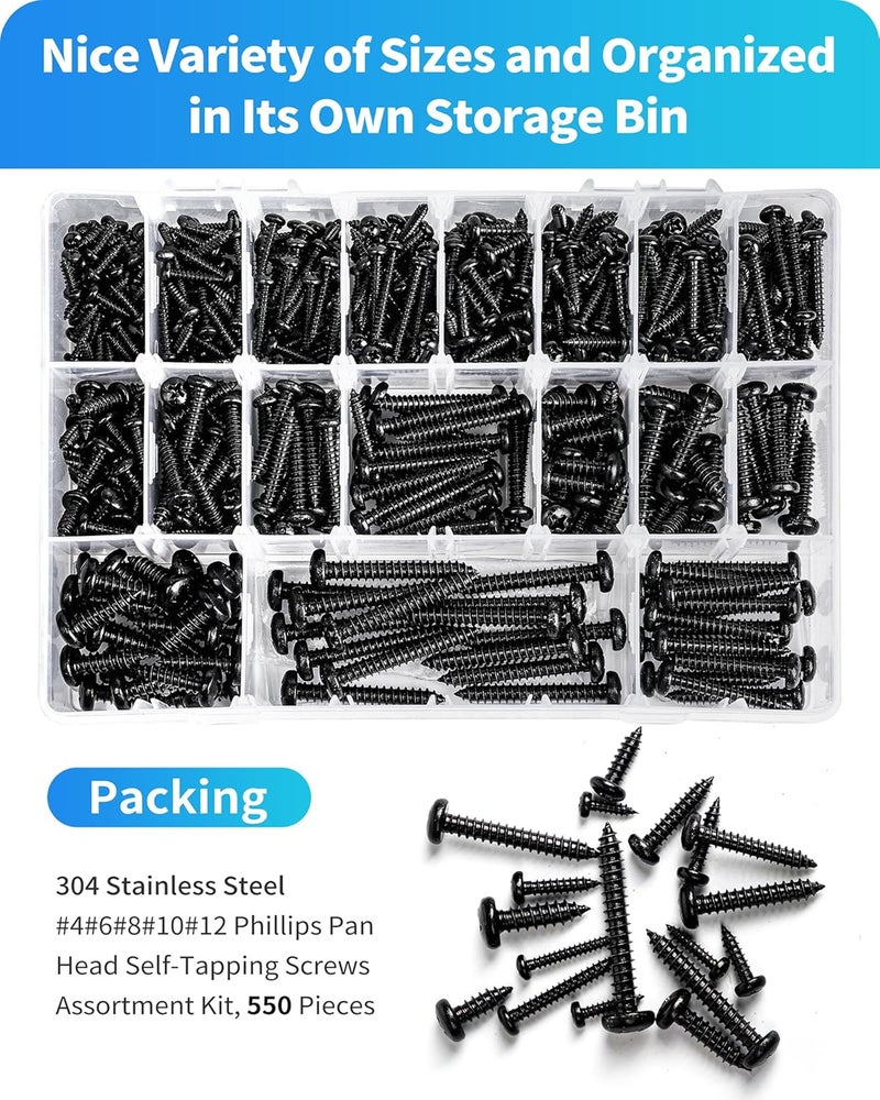 DIVANC 550Pcs 304 Stainless Steel Black Wood Screws Assortment Kit, Phillips Pan Head Sheet Metal Screw Self Tapping Screws Set, #4#6#8#10#12 Wood Assorted Screws (Black-Pan Head 550PCS) - Image 5
